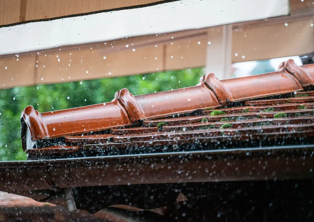 Gouttière recevant l'eau de pluie en pied de toiture