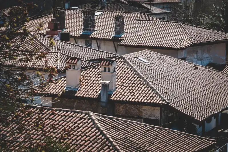 Toitures de bourg ancien et souches de cheminée en maçonnerie