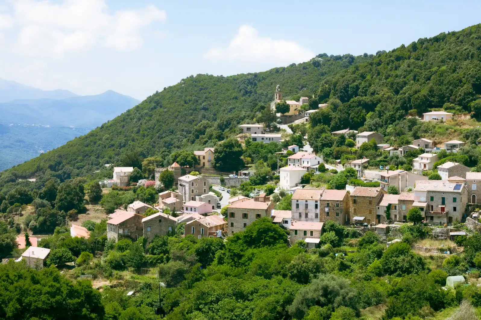 Village accroché au relief, toitures de tuiles au-dessus du maquis
